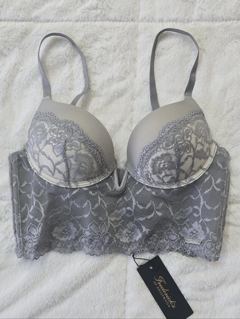 NWT Frederick's Of Hollywood Lace Longline Bra Bustier Silver Grey Size 34B
